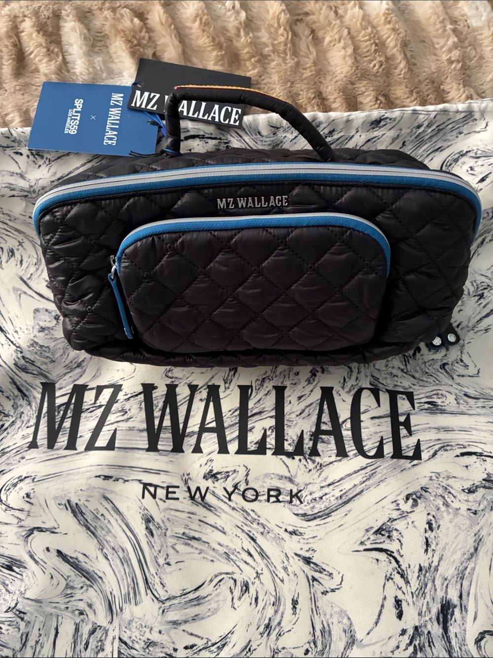 NWT MZWallace LIMITED EDITION X SPLITS59 Black/Blue Trim Accordion Cosmetic Bag.